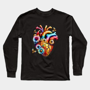 Colored Bee and human heart sweet, honey, heart, bee and flowers, hive, rainbow watercolor, valentines day Long Sleeve T-Shirt